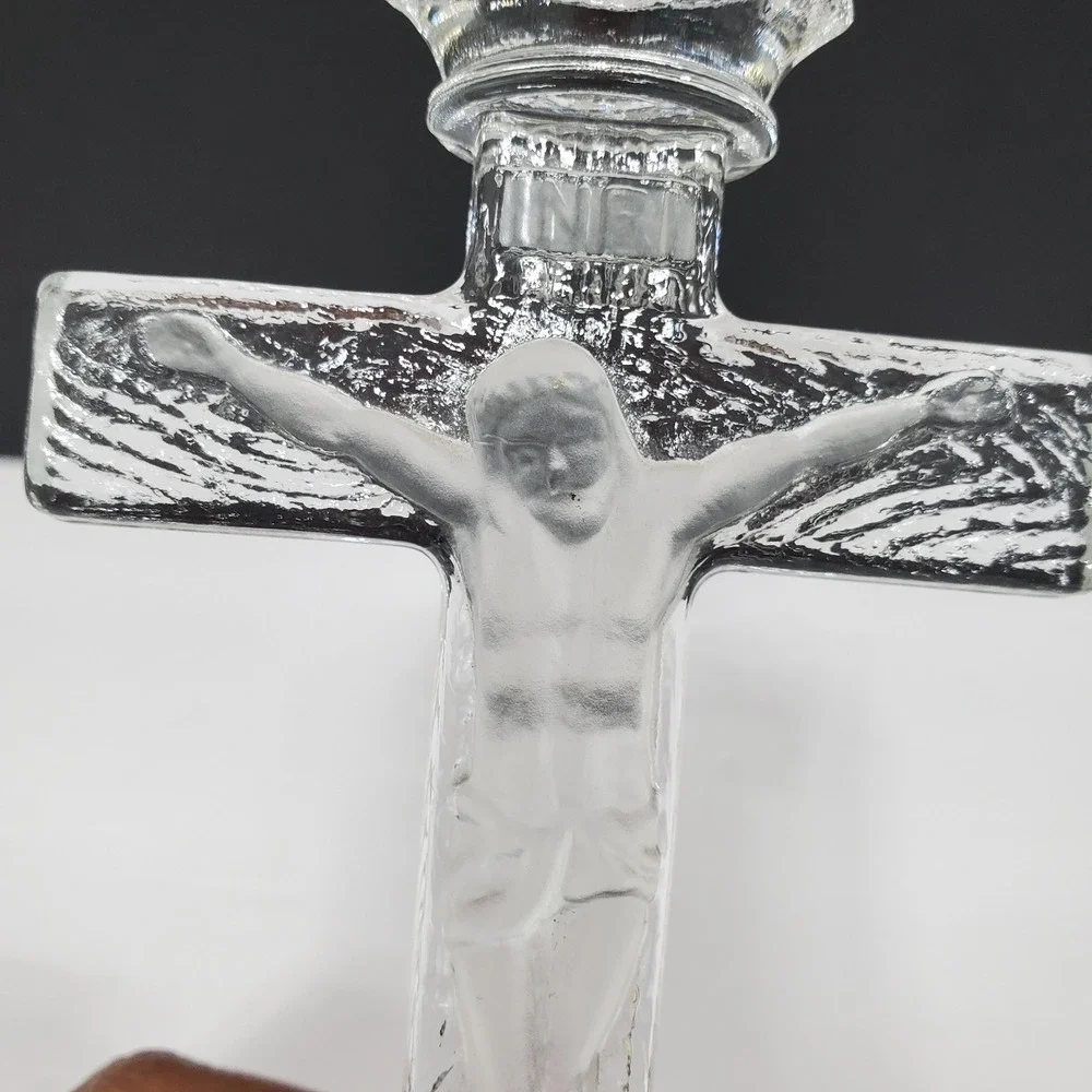 Crucifix Candlestick Holder Religious 7in Clear Frosted Glass v‎